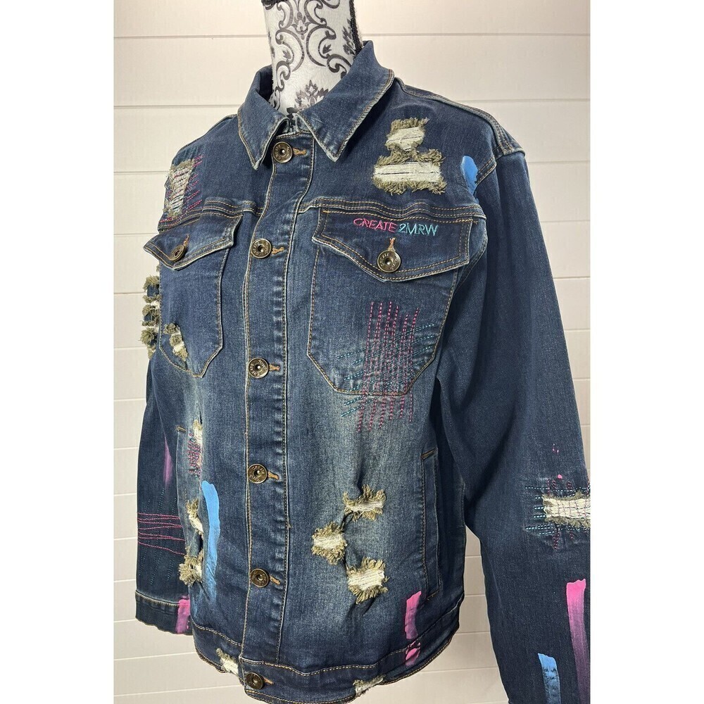 Create 2MRW Jean Jacket Womens Sz Large Distressed Hand Painted Cotton Blue